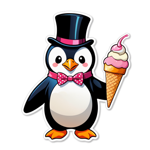 Adorable Penguin with Top Hat and Ice Cream Cone