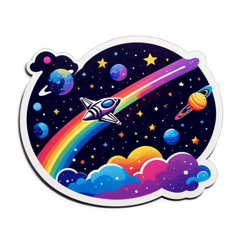 Spaceship in Galaxy with Rainbow Stardust