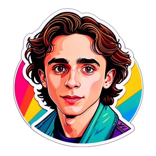 Kolorowy naklejka przedstawiająca Timothée Chalamet w stylu lat 90-tych