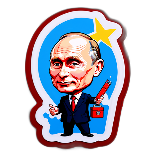 Autocollant caricatural de Vladimir Poutine avec une boîte à outils pour 'stabilité' et 'pouvoir'