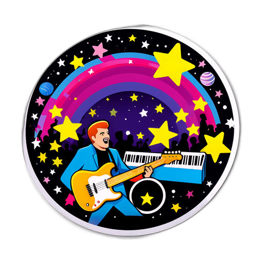 Sticker van een podium met sterren en een band in actie voor een muzikale sfeer