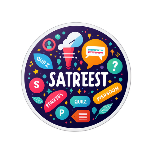 Sticker met woorden zoals 'Slimste Persoon' omringd door quiz-elementen