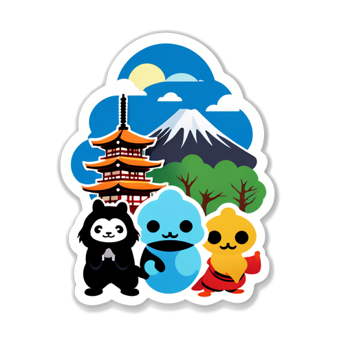 京都の名所を楽しむキャラクターたちのステッカー