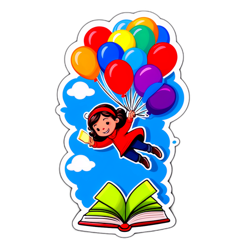 Stiker Karakter Buku Terbang dengan Balon