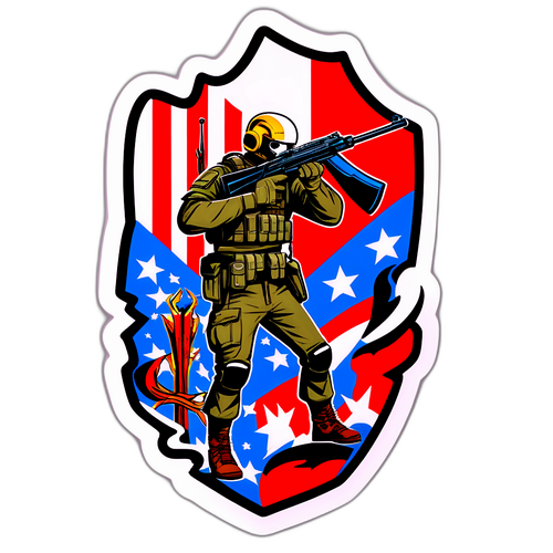 Стікер, що зображує захисників Айська під час активної оборони з патріотичними елементами