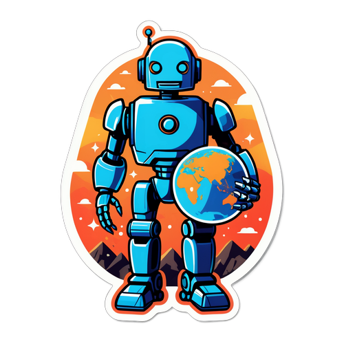 未来的なデザインの地球を持つロボットのアートステッカー