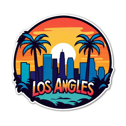 Stickerontwerp met 'Los Angeles' en palm bomen en zonsondergang