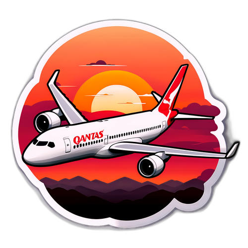 Künstlerisches Motiv eines Qantas-Flugzeugs über einem Sonnenuntergang