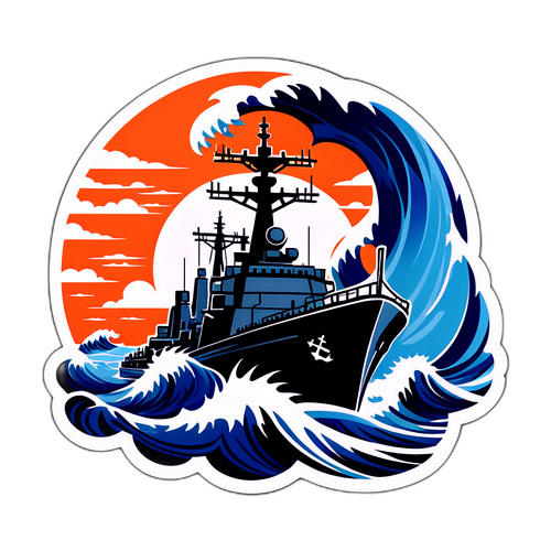 海战舰在狂怒海洋中的贴纸
