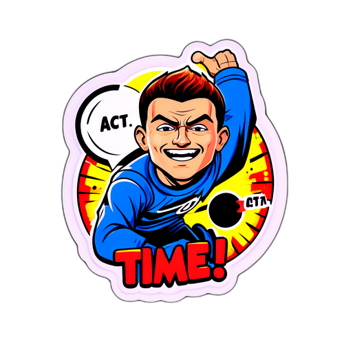 Наклейка з Олександром Тахтаєм у коміксовому стилі з великим написом 'Час діяти!'