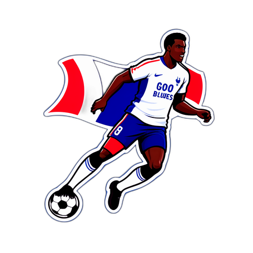Sticker van de Franse vlag en een voetballer in actie met de tekst 'Go Blues!'