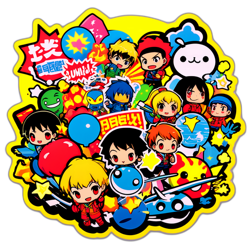 デンゲキネットの思い出をキャッチーにまとめたポップアート風コラージュスタイルのステッカー