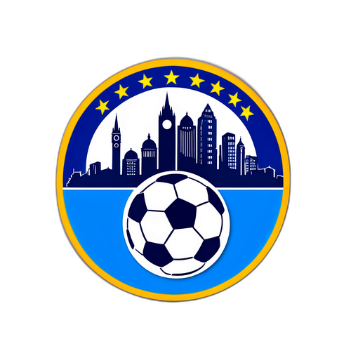 UEFA-logo ja jalkapallo eurooppalaisen kaupunkimaiseman kanssa