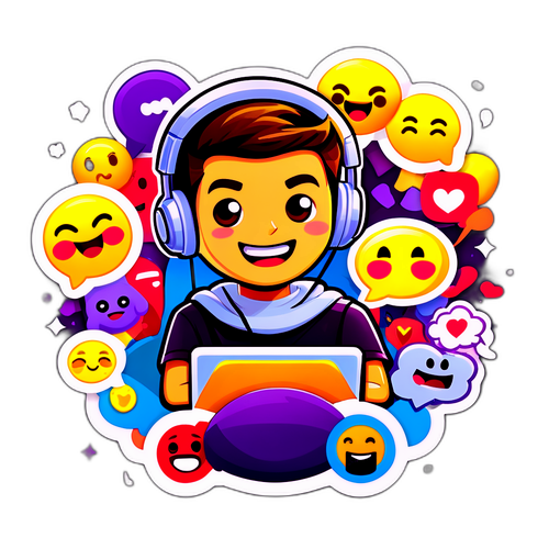 Een dynamische Twitch-sticker van een cartoon streamer omringd door chat-emojis