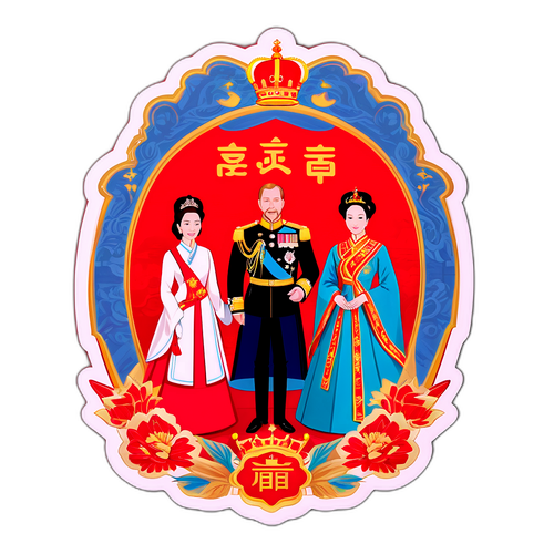 สติ๊กเกอร์พระบรมฉายาลักษณ์ของพระราชาและพระราชินีในระหว่างการเสด็จพระราชดำเนินไปจีน