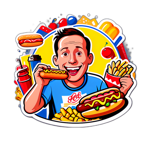 En stiliserad karikatyr av tävlingsätaren Joey Chestnut