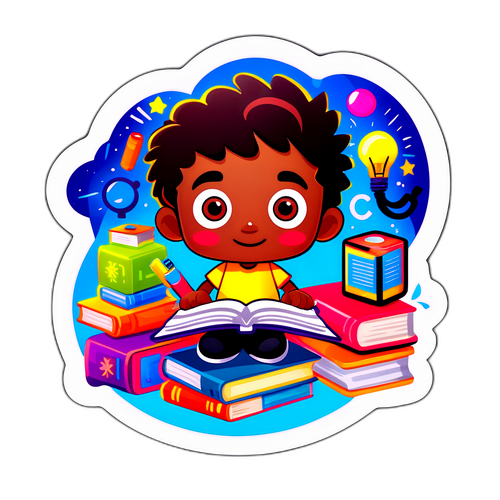 מדבקת ילד סקרן עם ספרים ומכשירים