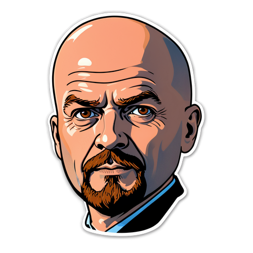 Ein Sticker mit einem künstlerischen Vertreter von Erik ten Hag, den Slogan "Meisterstratege" in dynamischer Schrift