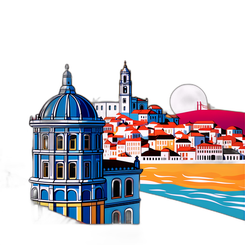 Diseño estilizado de Lisboa con azulejos portugueses y atardecer
