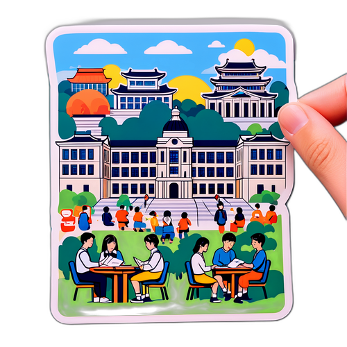 학생들이 한양대학교 캠퍼스에서 공부하는 장면의 스티커