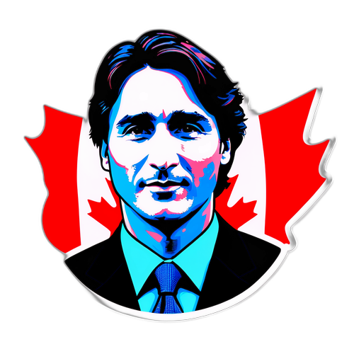 Ένα θαρραλέο αυτοκόλλητο με πορτρέτο του Τζάστιν Τριντό με φόντο τον καναδικό σημαιάκι