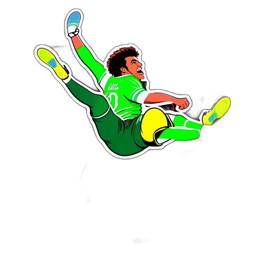 Sticker illustrant un joueur de football réalisant un mouvement acrobatique remarquable sur un terrain vert