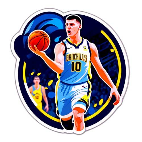 Σχεδίαση αυτοκόλλητου με τον Nikola Jokic σε κίνηση, σκοράροντας σε παιχνίδι μπάσκετ κάτω από τα φώτα της αρένας