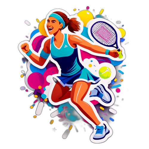 Vibrant a stylová nálepka Rybakina oslavující tenisové vítězství