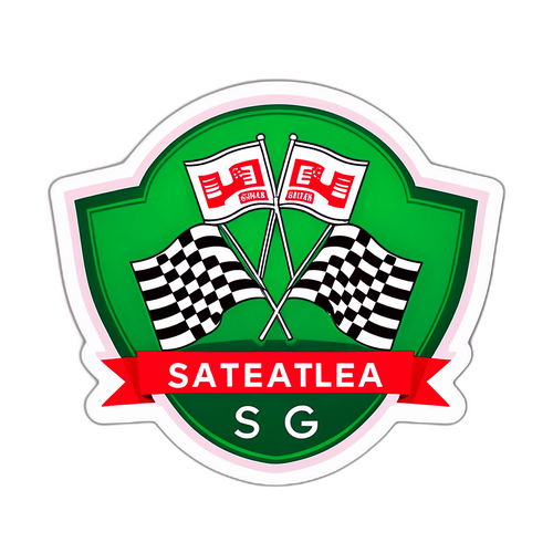 Stylizowane logo Racing Santander z flagami wyścigowymi i tłem kibiców w stadionie