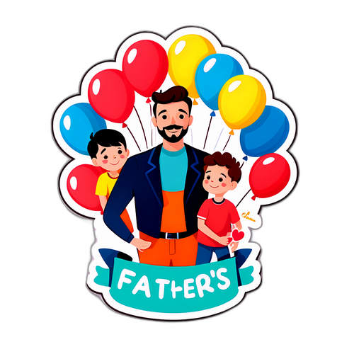 Autocollant de la fête des pères avec un père et ses enfants