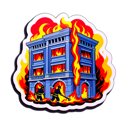 Sticker ilustrând un incendiu în București, cu pompieri intervenind