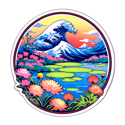 Стикер с изображением волны Моне, окружённой цветами в японском стиле