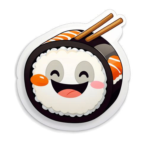 An Adorable Sushi Roll Character with a Happy Face and Chopsticks