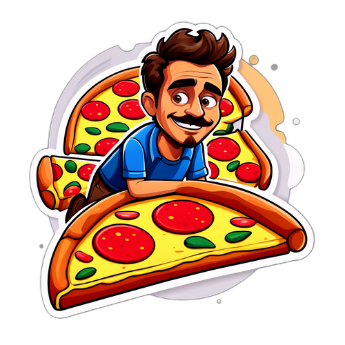 Rolig karikatyr av Mauricio Ruffy med en gigantisk pizza