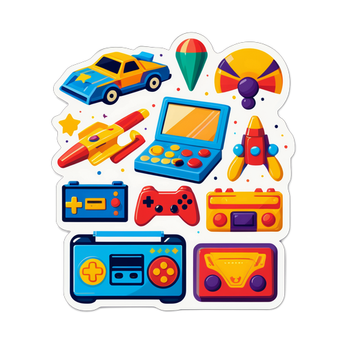 Nostalgischer Aufkleber mit Klassischen Spielzeugen