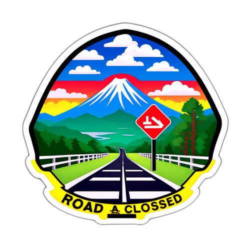 東北地域の美しい風景を背景にした「道路閉鎖」サインステッカー