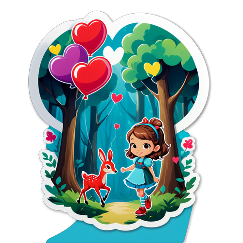 漫步在心形气球与魔法森林中的女孩