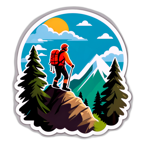 एक साहसिक स्टिकर जिसमें एक पर्वतारोही शिखर पर पहुँचता है