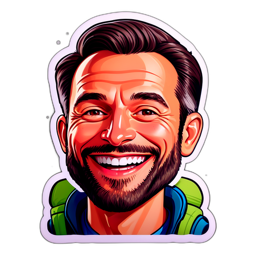 קריקטורה מהנה של דן טולקובסקי עם חיוך גדול ורקע של פעילויות חוץ שהוא אוהב